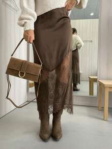 优雅纯色针织面料蕾丝拼接拉链修身半身裙，修身裙型设计，适合日常穿着，秋冬季（YY1127）春季 - 棕色 - 查看 3