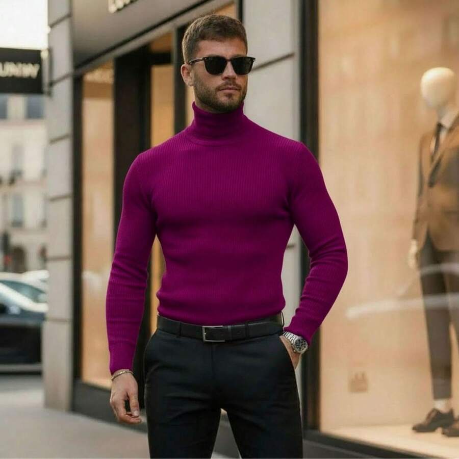 Cacharrel Men's Turtleneck Knit Sweater Slim Men's Sweater Thermal Blouse Cold Sweater - 玫瑰紅 - 查看 1