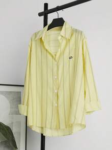 Women's Striped Embroidered Long Sleeve Loose Casual Shirt, Spring/Summer - Yellow - View 3