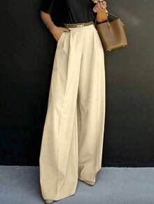 Straight-Leg, Wide-Legged Suit Trousers. Floor-Length. - Beige - View 2