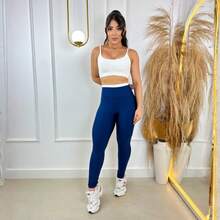 Women's Two-Tone Fitness Set - Pants And Cropped Top With Removable Padding - Gym Clothes - Premium Spandex - and Dark Blue - View 1