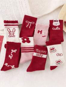 8/4 双装红色儿童中筒袜，可爱兔子卡通图案，适合春、秋、冬季穿着 - 彩色 - 查看 3