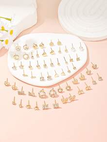 30 Pairs Metal Rhinestone & Faux Pearl Heart Shaped Bow Flower Stud Earrings Set, Suitable For Daily Wear, Gifts - Yellow Gold - View 3