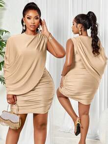 BIUBIU Plus Size Beige Elegant Party Dress - Draped Sleeveless Ruched Bodycon Mini Dress Suitable For Summer Vacation And Events - Apricot - View 4