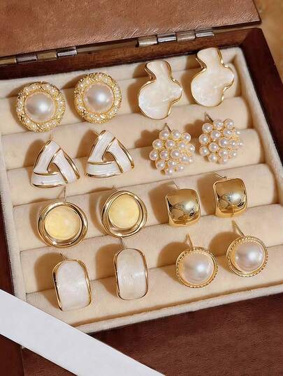 Andkiss Set de 8 pares de pendientes de botón con piedras de ojo de gato en forma de gota de aceite, perla, redonda, triangular y cuadrada, para uso diario