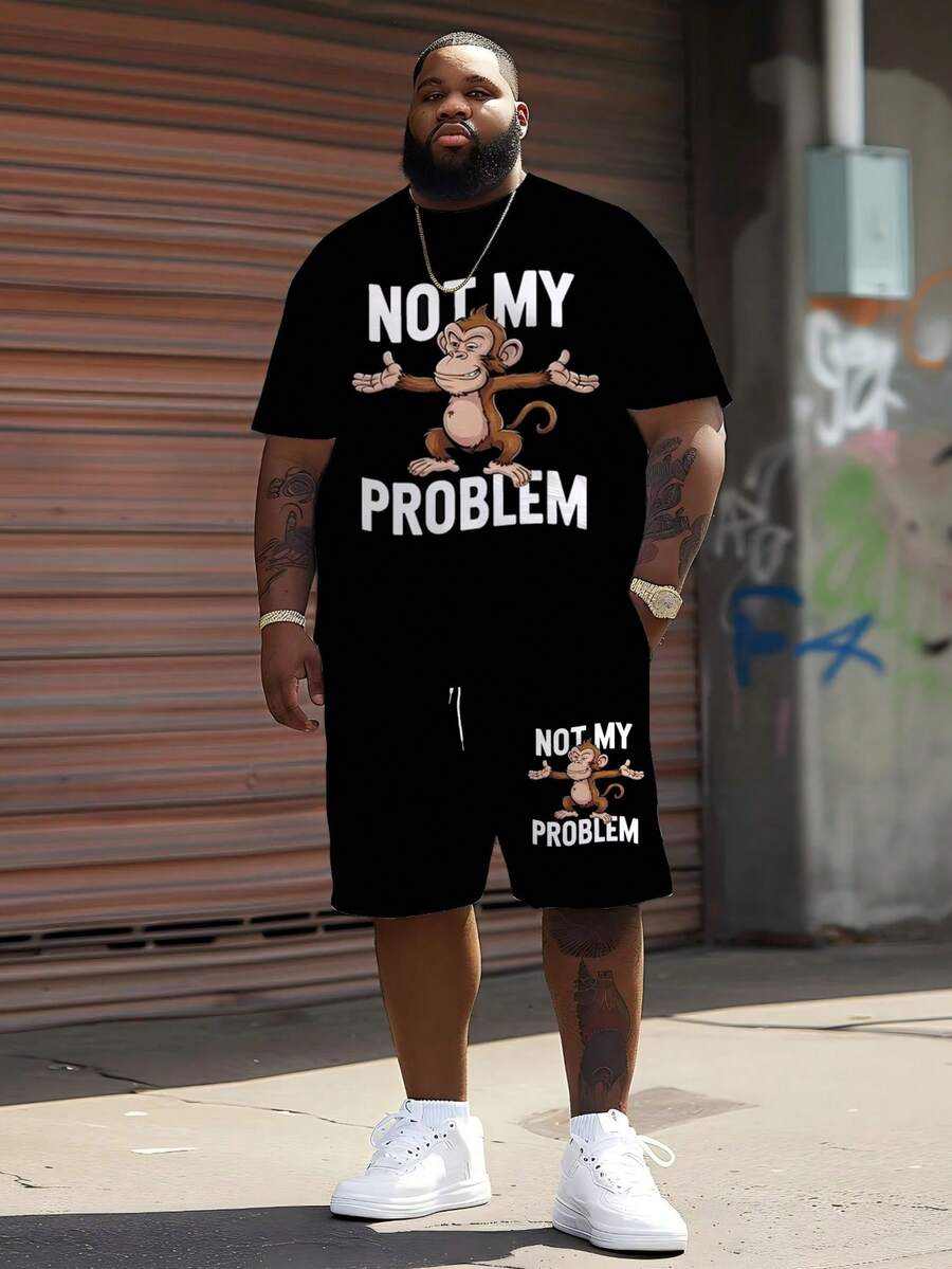Plus Size Men's Casual Round Neck T-Shirt, Polyester Knit Fabric, Comfortable & Breathable, Fashion Casual Street Style "Funny Is Not My Problem! Cartoon Monkey" Graphic, Casual Street Design Fresh Series, Novelty Personalized Top - Multicolor - View 1