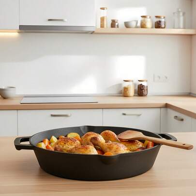 Cast Iron Skillet With Dual Handles, Heavy-Duty Round Frying Pan With Pour Spouts, Versatile Cooking Pan For Stove, Oven, Grill & Camping