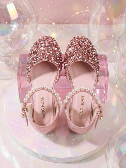 1 Pair 2026 New Style Girls' High Heel Shoes, Pink Fashion Princess High Heel Shoes With Pearl Chain And Glitter Rhinestone Decor, Children's Chunky Heel Shoes Suitable For Banquet, Dance Party, Family Gathering, Dance Performance, Outdoor Outfit