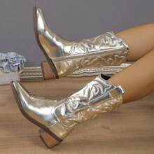 Women's Western Style Glossy Mid-Calf Boots, Versatile Cowboy Boots, Festive Vibe - Gold - View 1