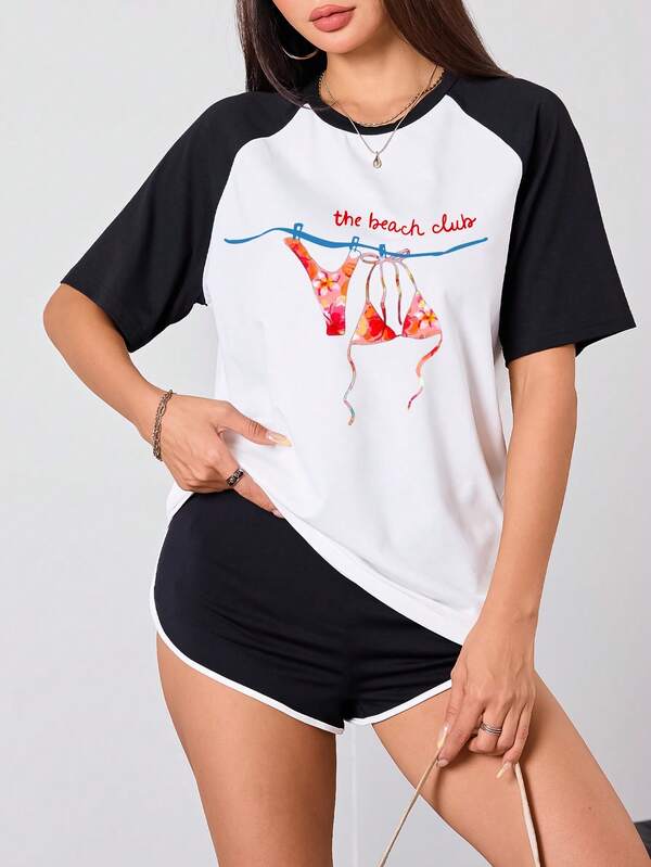 Women's Black And White Raglan Sleeve Casual Round Neck T-Shirt And Shorts Set, Suitable For Home, Going Out, The Beach, And Summer.