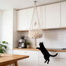 1件套手工编织猫吊床，波西米亚风格悬挂式猫床，带流苏猫抓柱，手工编织猫秋千吊床，纤维艺术猫床，四季皆宜 - 白色 - 查看 12