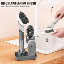 Long Handle Dishwashing Brush Kitchen Gadgets Automatic Liquid Dispenser Kitchen Cleaning Brush Removable Sponge Brush 3 In 1 - A-Black - View 7