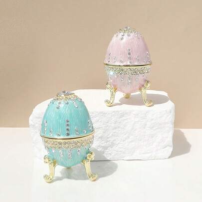 1个精美手绘蛋形首饰盒 - 装饰性椭圆形金属首饰架，金色点缀，磁扣闭合，适用于戒指、项链、耳环 - 家居装饰佳品，浪漫礼物，首饰盒