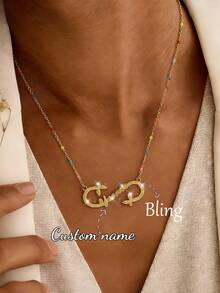 女士/女孩定制亮面哑光名字项链，个性化不锈钢半包裹心形字母项链，情侣吊坠，家庭首饰，生日、节日、圣诞节礼物 - 金色-彩珠鏈 - 查看 7