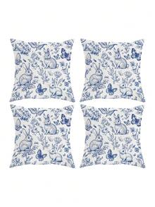 1/2/4pcs Blue Easter Decoration Bunny Rabbit Floral Plant Throw Pillow Covers | Cute Funny Cosy Soft Decorative Pillowcases With One-Sided Printing, Polyester, Machine Washable, Contemporary Style For Spring Living Room Bedroom Sofa Bed Decor Without - Blue - View 12