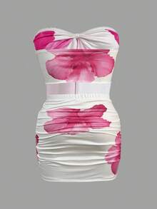 Women's Floral Set, Sensual, Coated Fabric, Wrinkled, Asymmetrical, Knot. - Hot Pink - View 7