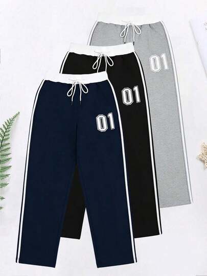 Outdoor Side Striped Numeric Print Drawstring Sweatpants | Retro Straight Leg Sports Pants, Contrast Color Casual Fitness Outdoor Sweatpants - Essential For Everyone