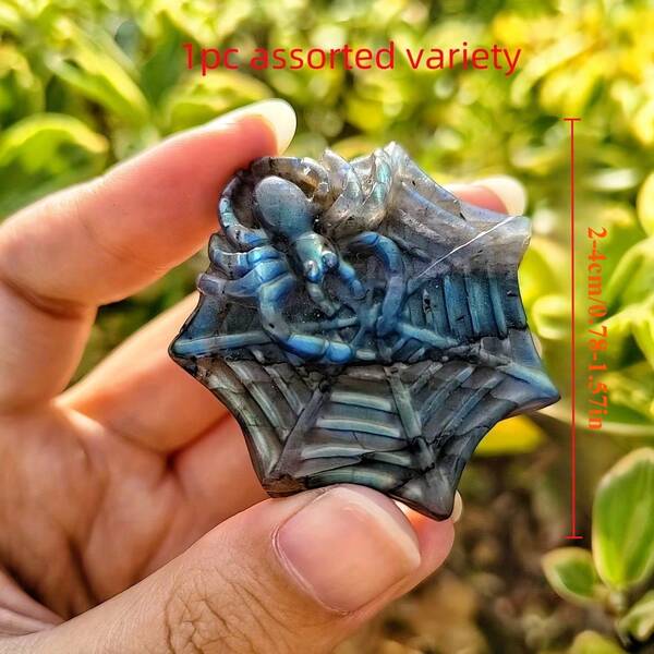 1pc Handcrafted Carved Labradorite Spider Gemstone - Iridescent Shiny Vintage Quartz Crystal, Suitable For Jewelry Making, Birthday, Christmas, Valentine's Day Gifts, Unique Spider Carving For Home Decor And Spider Themed Gifts (Labradorite)