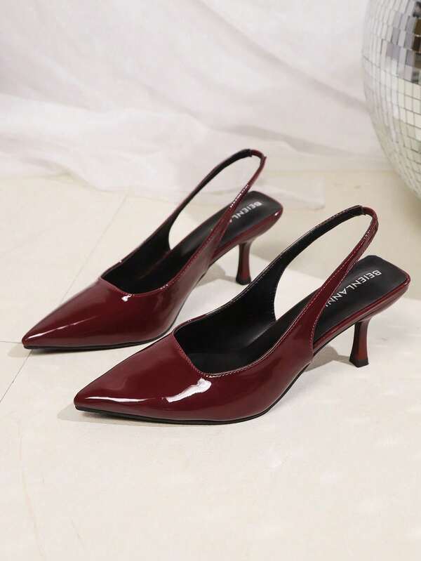 Women's Fashion Pointed Toe High Heel Stilettos, Sexy Casual Party Pumps, Closed Toe Backless Sandals - Red/Burgundy, 2025 New Korean Style Pointed Toe Glossy Buckle Strap Closed Toe High Heels Suitable For Dresses And Party Occasions
