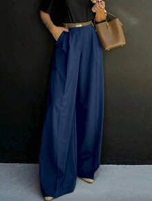 Straight-Leg, Wide-Legged Suit Trousers. Floor-Length. - Navy Blue - View 2
