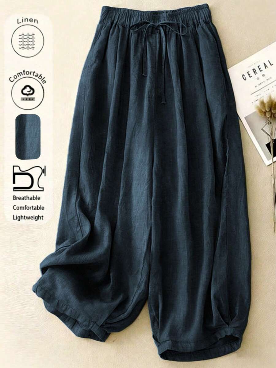 Comfortable Casual High Waist Elastic Linen Drape Pants, Suitable For Autumn & Summer Spring - Navy Blue - View 1