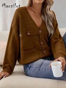 大码女式宽松纯色落肩长袖针织开衫，时尚百搭 - 咖啡棕 - 查看 3