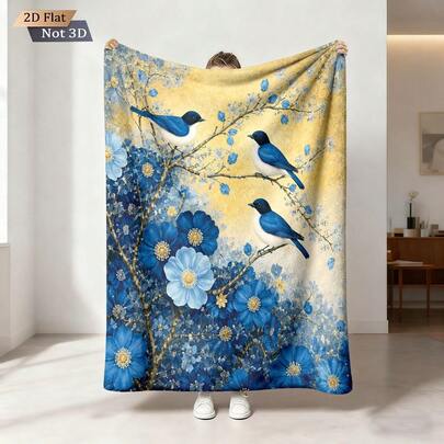 1pc Vintage Bird Branch Print Soft Flannel Blanket, Cozy Throw Blanket For Sofa, Bedroom, Study, Dorm, Office Bed, Camping, Versatile Gift, Suitable For All Seasons, Great For Girls, Boys, And Room Decor
