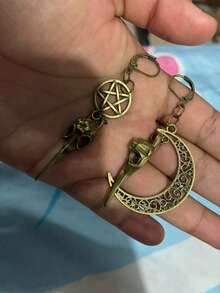 1 Đôi bông tai hình trăng lưỡi liềm và ngôi sao năm cánh kiểu cổ điển, bông tai mặt dây chuyền hình đầu lâu quạ kiểu Gothic, trang sức phù thủy phong cách Punk cổ điển, phụ kiện câu lạc bộ Halloween - Đồng - Xem 5