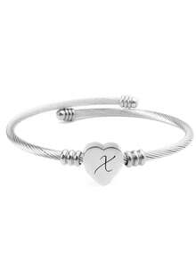 1pc Stainless Steel Heart-Shaped Bangle With 26 Alphabet Letters, Unisex Fashion Minimalist Style Bracelet, Suitable For Daily Wear, Parties, And Gifts - Silver - View 11