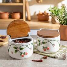 手绘浮雕陶瓷糖盐罐套装，陶瓷底座一体式油醋瓶调味罐，餐厅及厨房储物罐 - 彩色 - 查看 2