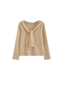 Khaki Ribbon V-Neck Long Sleeve Knit Sweater, Women's Summer Slim Fit Solid Color Chic Versatile Top Fall - Apricot - View 6