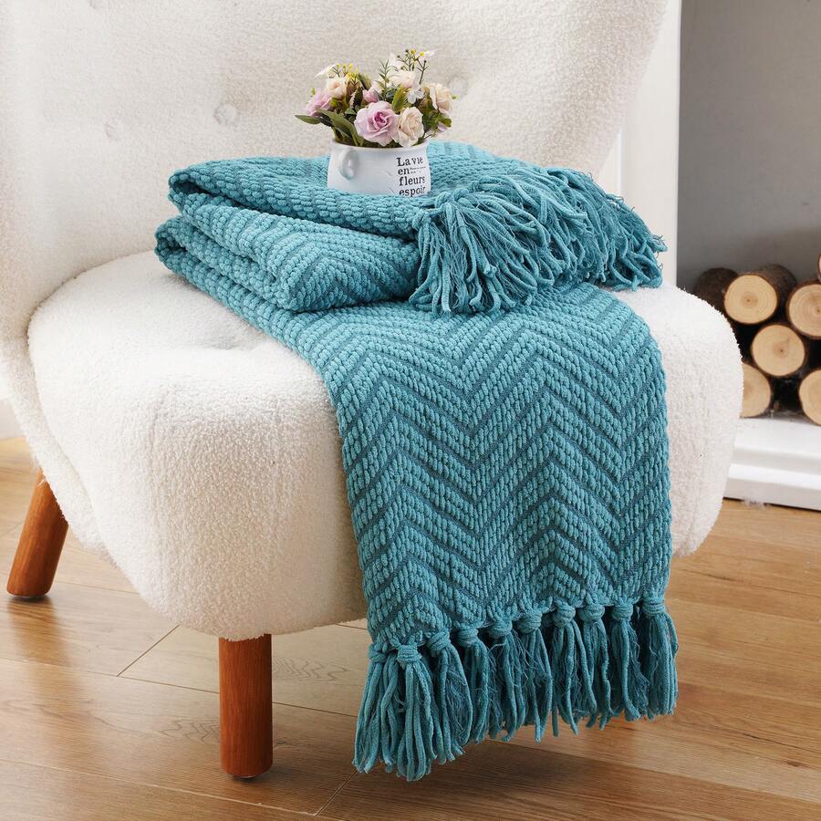 Teal Throw Blanket For Couch, Knit Woven Turquoise Blankets For Chair, Soft Warm Decorative Green Blanket With Tassels For Spring Decor - 土耳其綠 - 查看 1
