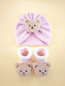 2件装 1-6个月婴儿加厚卡通熊毛绒针织帽和袜子套装，新生儿可爱保暖抓绒帽袜套装，秋冬季 - 彩色 - 查看 18