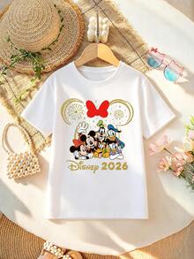 Disney Women's T-Shirt Featuring A Classic Mickey Mouse And Friends 2026 Lettering Print. Crafted From Soft, Comfortable, And Durable Fabric, This Spring/Summer Women's Crew Neck Tee Is Perfect For Everyday Wear-Shopping, Parties, Travel, Or Gatherings. It Also Makes An Exquisite Gift. - trắng - Xem 1