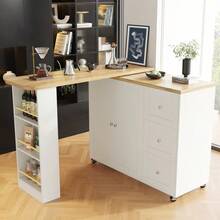 360° Rotating Bar Table With Snack Shelf, Extendable Kitchen Island (138-209cm) With 3 Drawers, L-Shaped High Dining Desk - White + MDF1 - View 3