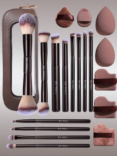  BS-MALL 20/12pcs Set, Includes 12pcs Coffee Color Makeup Brushes + 7pcs Coffee Color Makeup Sponges + 1pc Coffee Color Makeup Bag, High Quality Makeup Tool Kit Blush Brush Eyeshadow Brush