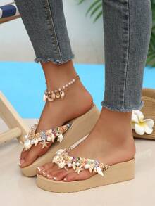 Spring/Summer EVA Vacation Bohemian Platform Wedge Slippers, Beach Resort Shell Chain Decor Women Sandals,Flip Flops - Multicolor - View 6