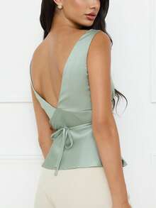 Womens Satin Tank Tops  Sleeveless Deep V Neck Solid Color Tops Slim Fit Shirts - Light Green - View 3