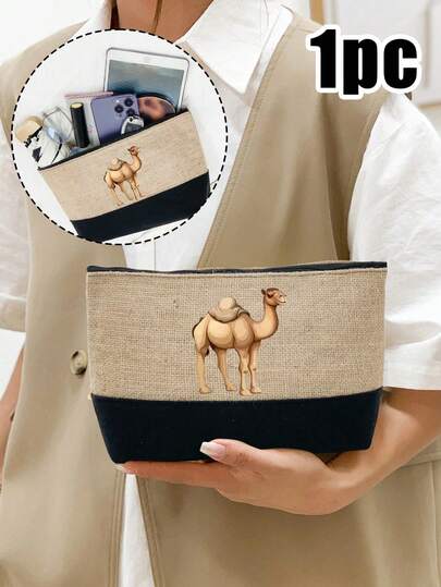 1pc Khaki Women's Handbag With Camel Pattern, Printed Makeup Bag, Reusable Casual Storage Bag, Large Capacity Travel Makeup Bag For Women, Multi-Functional Portable Bag, Ideal Gift For Women, Perfect For Ramadan, Eid, Valentine's Day, Thanksgiving, Women's Gift Bag For Travel, Practical And Stylish Handbag For Daily Use