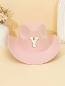 1pc Unisex Children's Letter Decor Pink Felt Brimmed Hat, 26 Letters Available, American Western Cowboy Style, Outdoor Casual Sun Hat For All Seasons, Suitable For Daily Wear, Parties, Outdoor Activities, Children's Gift - Pink - View 21