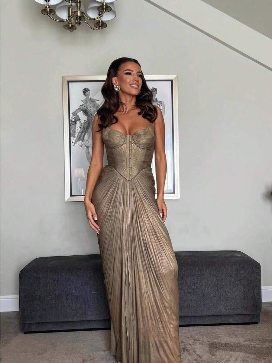 New Pleated Bronzing Lace-Up Dress Casual Party Split-Ended Women's Dress - Vàng - Xem 1