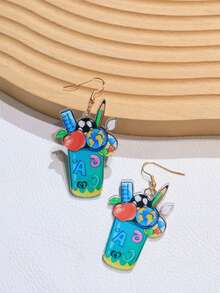 1 Pair Acrylic Back To School Themed Pencil Holder, Ruler, Apple Board Earrings With Cute Double-Sided Cartoon School Elements, Interesting Student Gift Earrings For Daily Wear - Multicolor - View 4