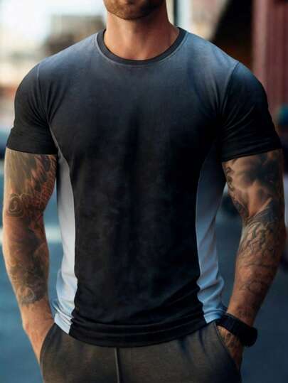 Áo thun nam ngoài trời, thiết kế cổ tròn phối màu chuyển sắc, in hình đầu bò, áo thể thao mùa hè nhanh khô, thoáng khí, tay ngắn, phù hợp cho chạy bộ hàng ngày, tập luyện, thể dục và thể thao.