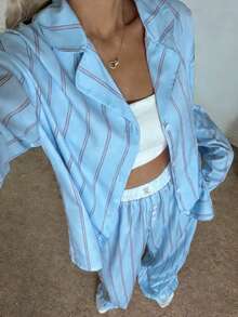 Nina Bonheur 两件套女士宽松舒适透气条纹长袖睡衣套装，适合居家穿着 - 淺藍色 - 查看 5