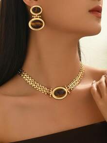 2 piezas Conjunto de joyería vintage de estilo bohemio elegante con collar y aretes de metal, adecuado para bodas, fiestas, celebraciones, accesorios versátiles y atractivos de alta gama - traje - Ver 2