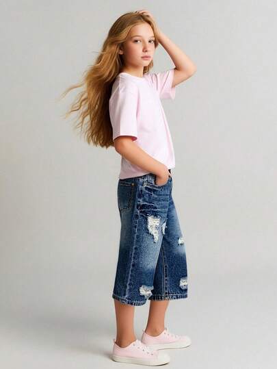 Denimshorts i vintage-modell med vida ben för unga flickor, moderiktiga klassiska överkneeshorts, mångsidig lös passform, justerbar resår i midjan, knälånga shorts med utsvängda ben