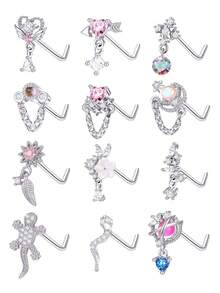 12 chiếc khuyên mũi hình chữ L, hình rắn, bướm, hoa, trăng đính đá CZ, dành cho nam và nữ, màu bạc và vàng, trọng lượng 20g. - Bạc - Xem 1