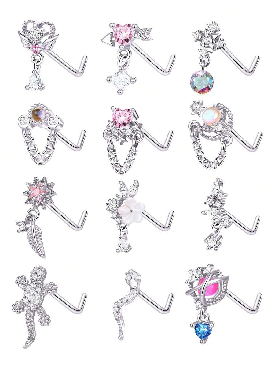 12 chiếc khuyên mũi hình chữ L, hình rắn, bướm, hoa, trăng đính đá CZ, dành cho nam và nữ, màu bạc và vàng, trọng lượng 20g. - Bạc - Xem 1