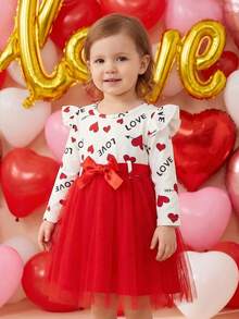 女婴情人节爱心印花网纱拼接连衣裙，配腰带 - 紅色 - 查看 3