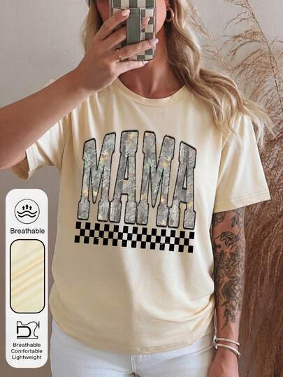 Plus Size Women's Daily Retro Camouflage Western Graphic Crew Neck Short Sleeves Casual Summer Women's Tops ,Retro Plaid Mom Graphic Women's Apricot T-Shirt